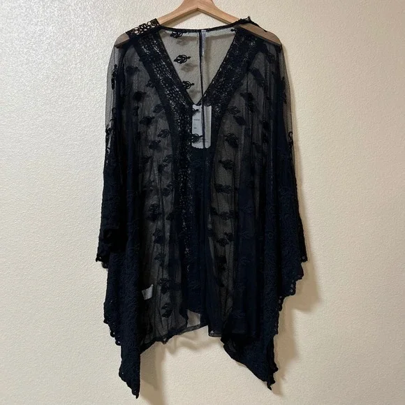 Monoreno Size M Shirt Kimono Black Sheer Embroidered Mesh Lace Boho Oversized - Picture 2 of 8